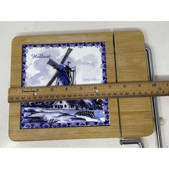 Vintage Delft Blue Windmill Tile Wooden Cheese Board With Slicing Blade Holland - Picture 4 of 8